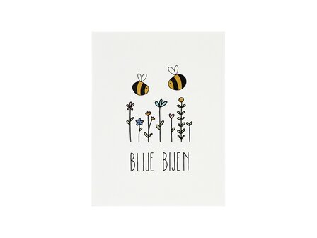 Achterkant kaartje 80 x 105 mm met de tekst &lsquo;Blije bijen&rsquo;