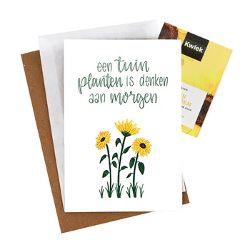 Bloemenzaden met kaart &#039;Een tuin planten is denken aan morgen&#039; verpakt in pergamijn zakje