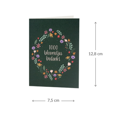 Maatgeving kaartje 75 x 109 mm met de tekst ‘1000 bloemetjes bedankt’