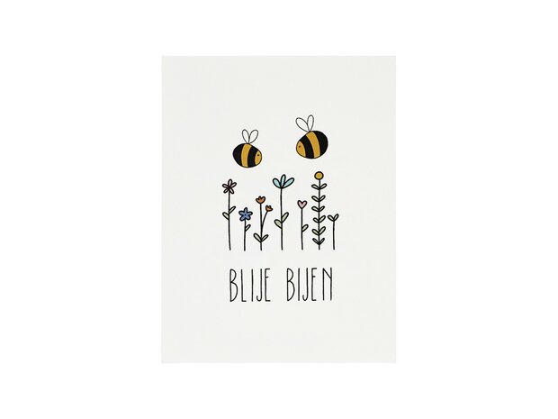 Achterkant kaartje 80 x 105 mm met de tekst ‘Blije bijen’