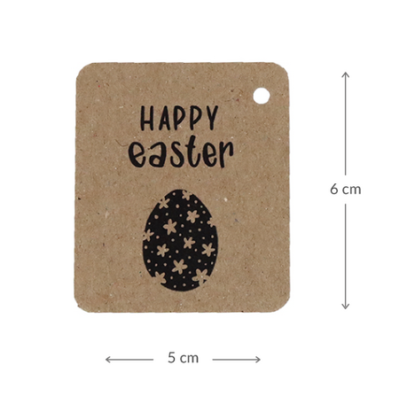 Kraftlabel 50 x 60 mm met boorgat met de tekst 'Happy Easter' - Maatgeving