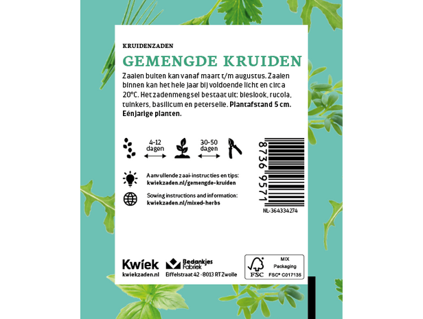 Gemengde kruiden zaden -  Kwiek Uitdeel zakjes