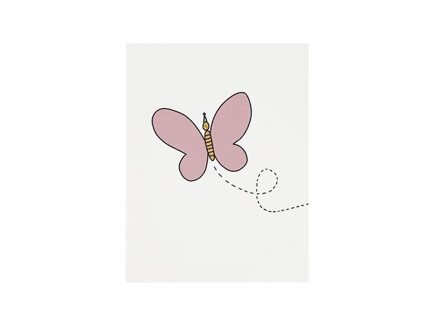 Achterkant kaartje 80 x 105 mm met een ‘Vlinder met feesthoed’
