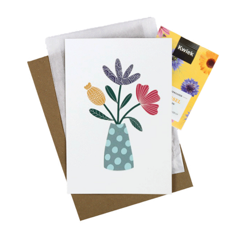 Bloemenzaden met kaart 'Vaas met bloemen' verpakt in pergamijn zakje // Floralis