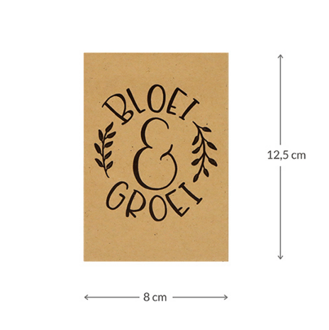 Maatgeving kraftzakje 80 x 125 mm met de tekst Bloei en groei 80 x 125