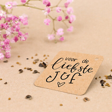 Sfeerfoto kraftlabel 50 x 60 mm met boorgt met de tekst 'Voor de liefste juf'